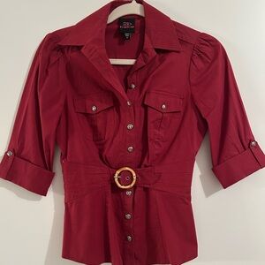2B Bebe Burgundy Button-Front Shirt with Waist Belt